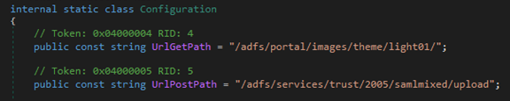 Screenshot of backdoor structure that mimic the structure of the legitimate URIs used by the target’s AD FS deployment.