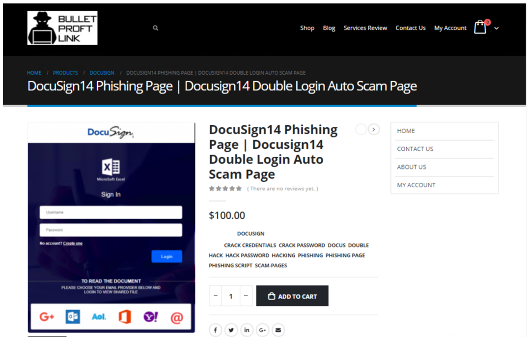 Screenshot of BulletProofLink website showing DocuSign services