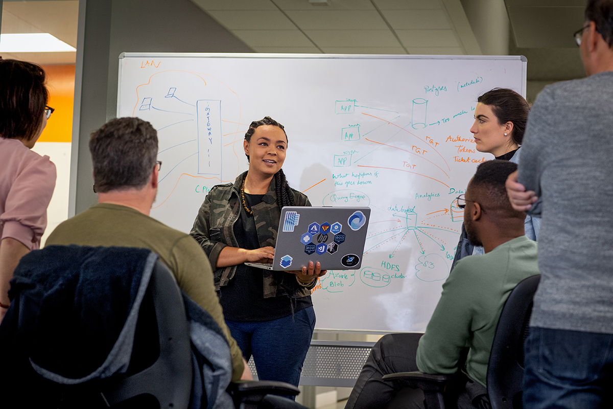 Team members in a team meeting. One woman is standing in front, laptop open. In the background is a whiteboard with writings and drawings