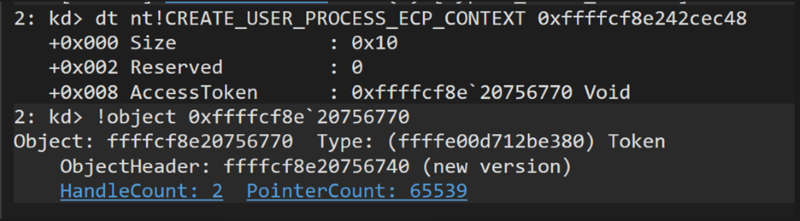 A screenshot of code showing the CREATE_USER_PROCESS_ECP_CONTEXT.