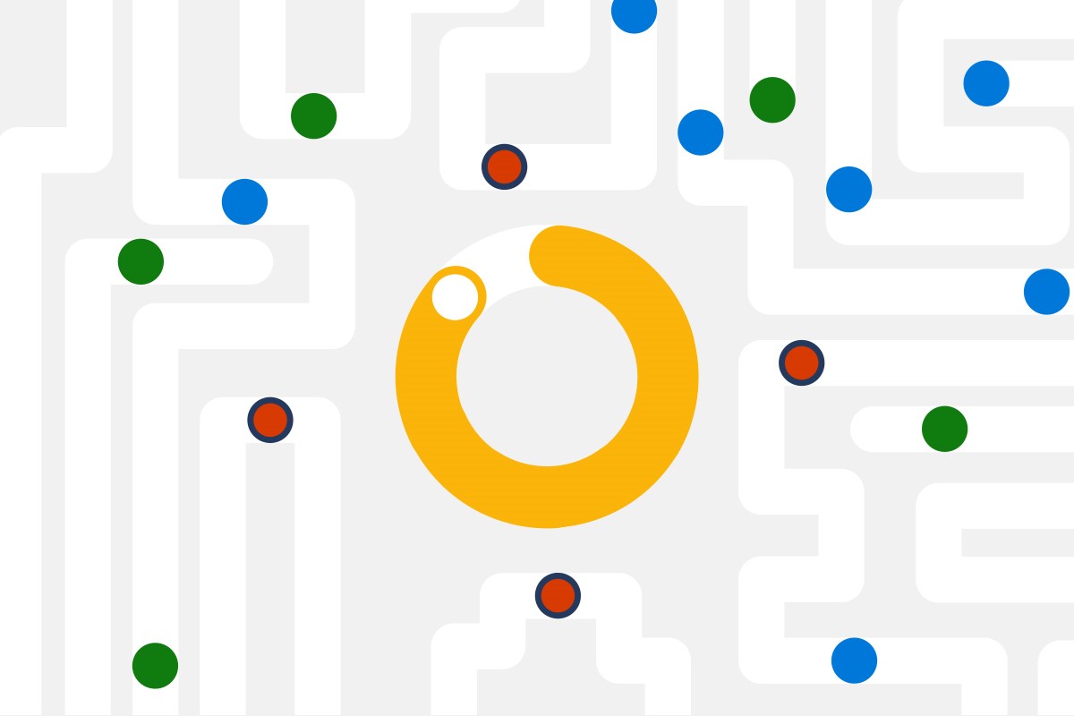 A maze with multiple dots of different colors surrounding a large circle