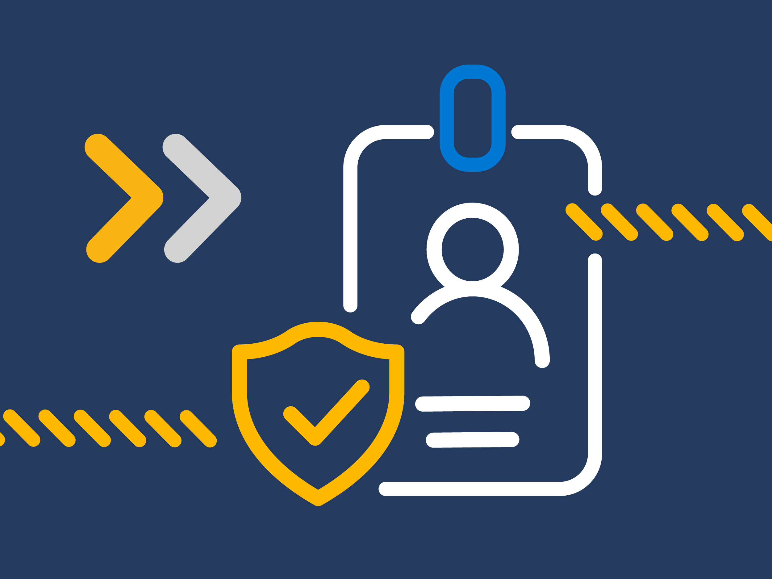 An icon of an ID badge and shield are shown, and the shield features a tick mark. They represent an individuals credentials to keep safe to prevent cybersecurity attacks