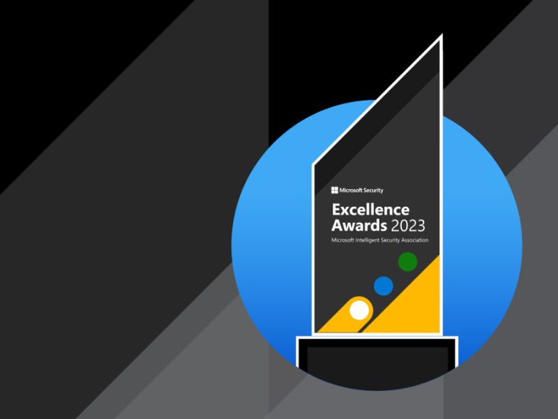 Graphic showing an illustrated trophy highlighting the Microsoft Intelligent Security Associations 2023 Excellence Awards winners