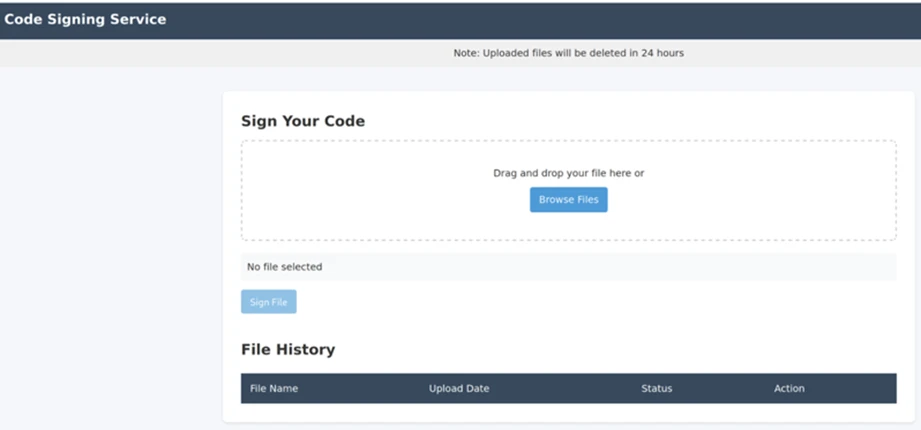 Code signing service upload page depicting a blue button to upload files, another blue button to sign the file, and an empty file history table