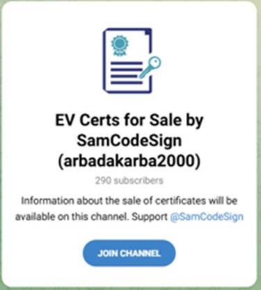 Screenshot of a subscription channel page promoting EV certificates for sale by SamCodeSign with 290 subscribers. Features a blue icon of a certificate with a key, a call-to-action button labeled "JOIN CHANNEL," and a message about certificate sale information and support contact.