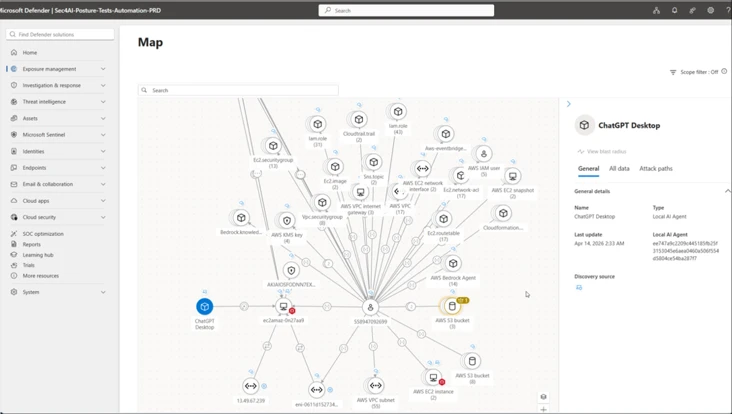 Screenshot of a network map from Microsoft Defender showing interconnected nodes representing devices, services, and agents within a security environment. Nodes are labeled with names and icons, with ChatGPT Desktop highlighted in blue, and a detailed pane on the right displays specific information about ChatGPT Desktop, including type, last update, and discovery source.