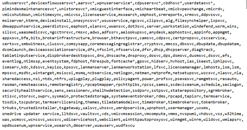 A list of service names and their corresponding service types, primarily related to Windows services.