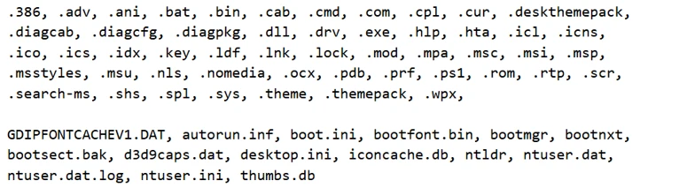 A list of file extensions and system files related to Windows operating system.