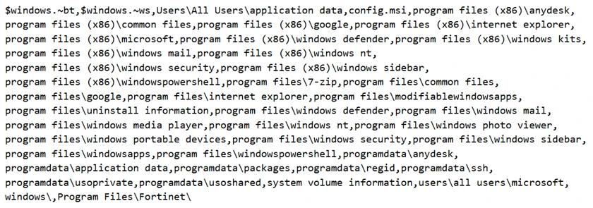 A list of file paths and folders typically associated with the Windows operating system.
