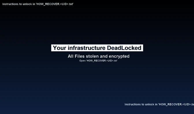 DeadLock wallpaper stating the infrastructure is DeadLocked with a note to open the file HOW_RECOVER .< UID>.txt for instructions to recover.