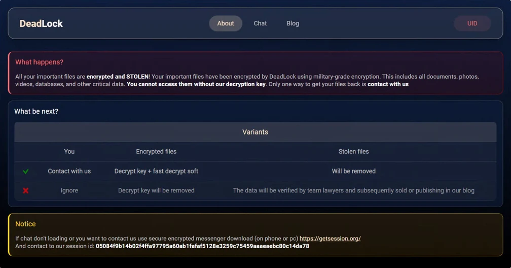 DeadLock About page telling the victim that all their important files are encrypted by the ransomware, including documents, photos, videos, databases, and other critical data. It tells the victim to contact the operators to receive a decryption key or else the data will be leaked and published on the DeadLock blog.