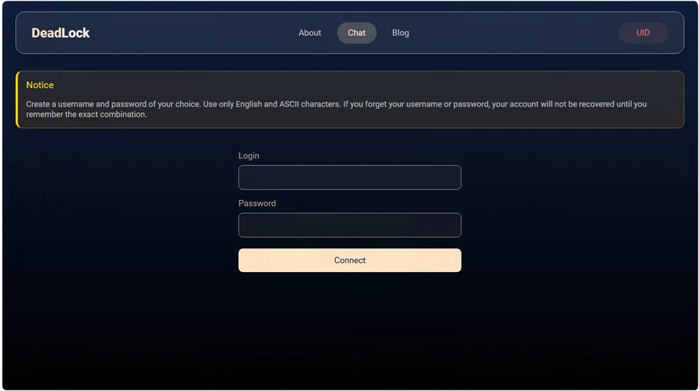 DeadLock Chat page with instructions for the victim to create a username and password to communicate with the operators.