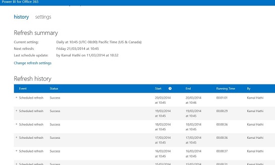 Power BI for Office 365 refresh summary and history.