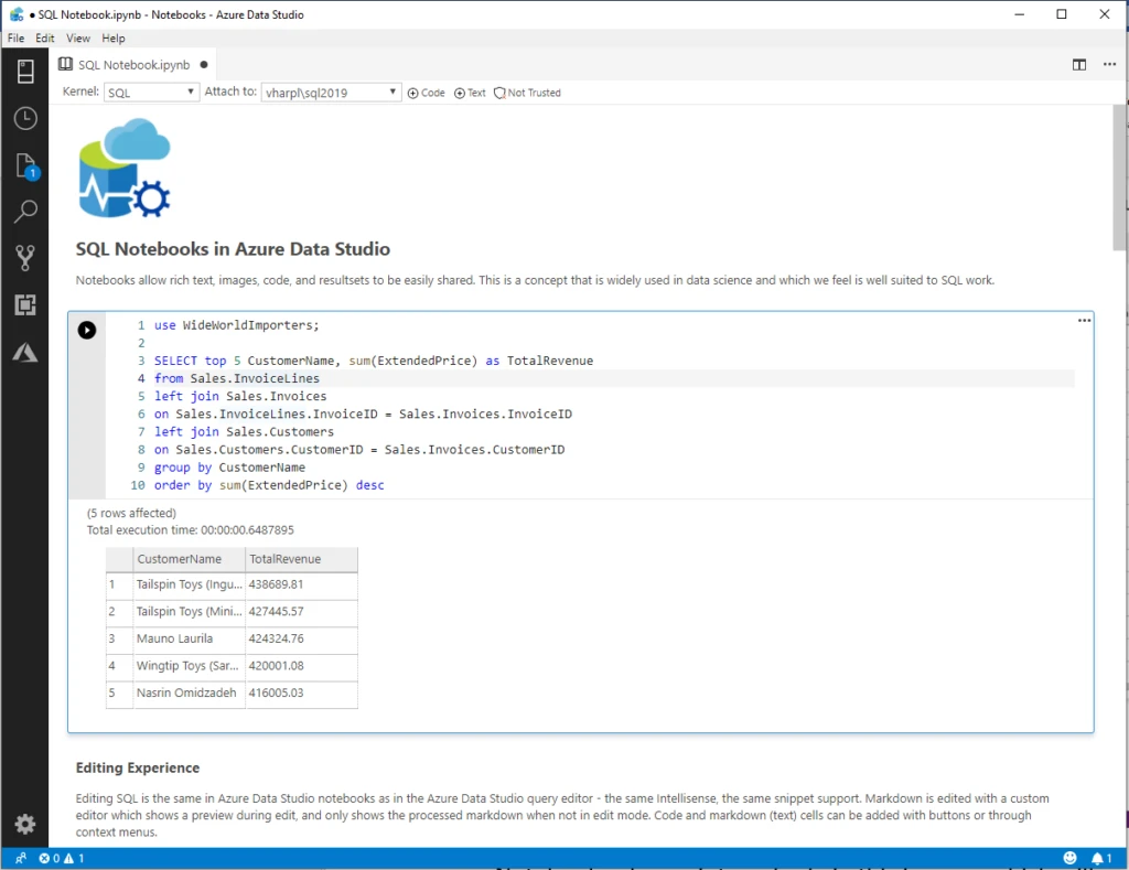 T-SQL notebook running in a SQL Server instance.