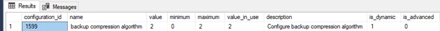 Image of code: SELECT * FROM sys.configurations WHERE name = 'backup compression algorithm'