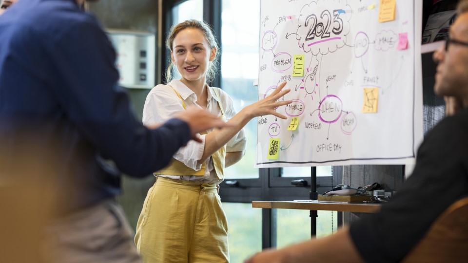 Woman explains diagrams on whiteboard to her colleagues