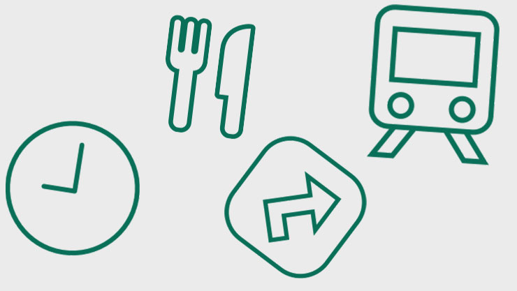 slika ikona koje ilustrira hranu, upute, prijevoz i vrijeme